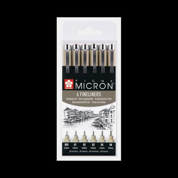 Fineliner Sakura Pigma Micron set à 6 schrijfbreedtes zwart