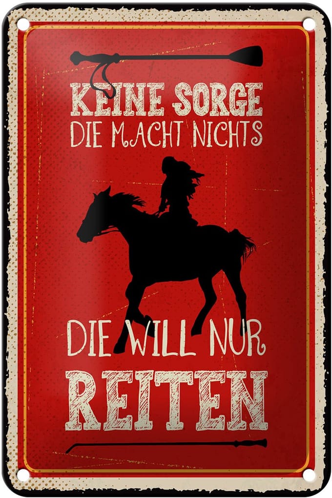 Blechschild Spruch 12x18 cm Die will nur reiten Reiterin mit Pferd Deko Schild