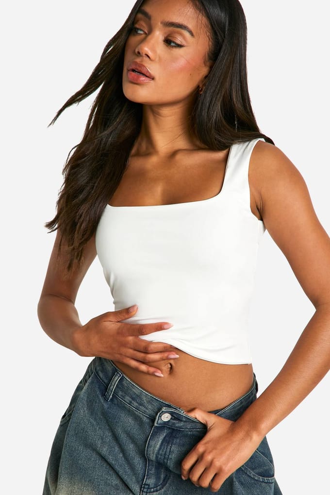 boohoo Dames Dubbele Laag Slinky Crop Top met Vierkante Hals | Wit | Maat: 34