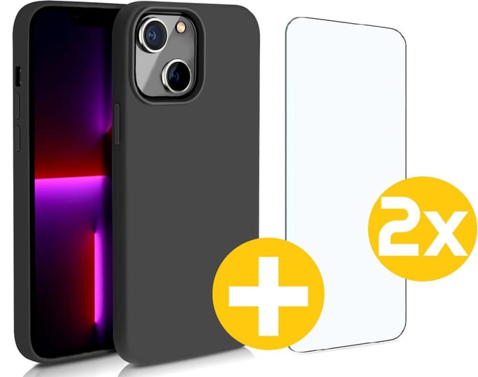 Hoesje en Screenprotector Combi Geschikt Voor iPhone 14 - Zwarte Siliconen Hoesje + 2x Screenprotector