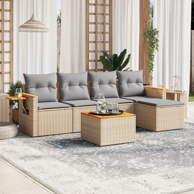 vidaXL - 6-delige - Loungeset - met - kussens - poly - rattan - beige