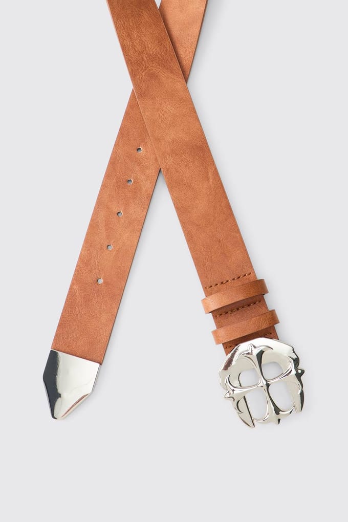 PU Gothic Cross Buckle Belt | Brown | Size Small
