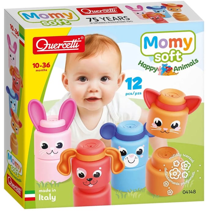 Quercetti bouwset Momy Soft Dieren - 12 zachte blokken voor baby's.