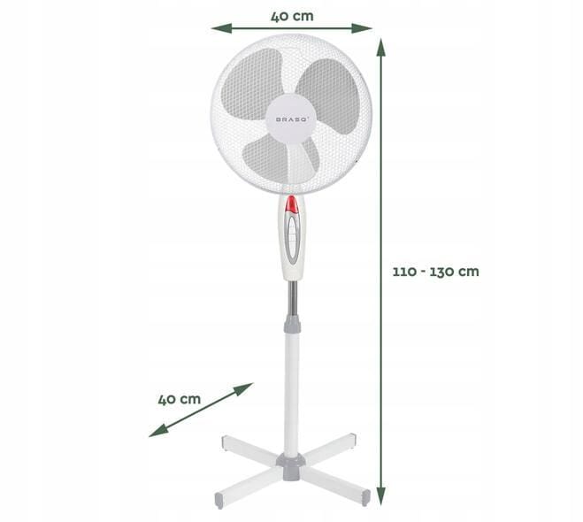 BRASQ Statiefventilator – 40 cm – Wit - In hoogte verstelbaar – 3 snelheden - 40 Watt