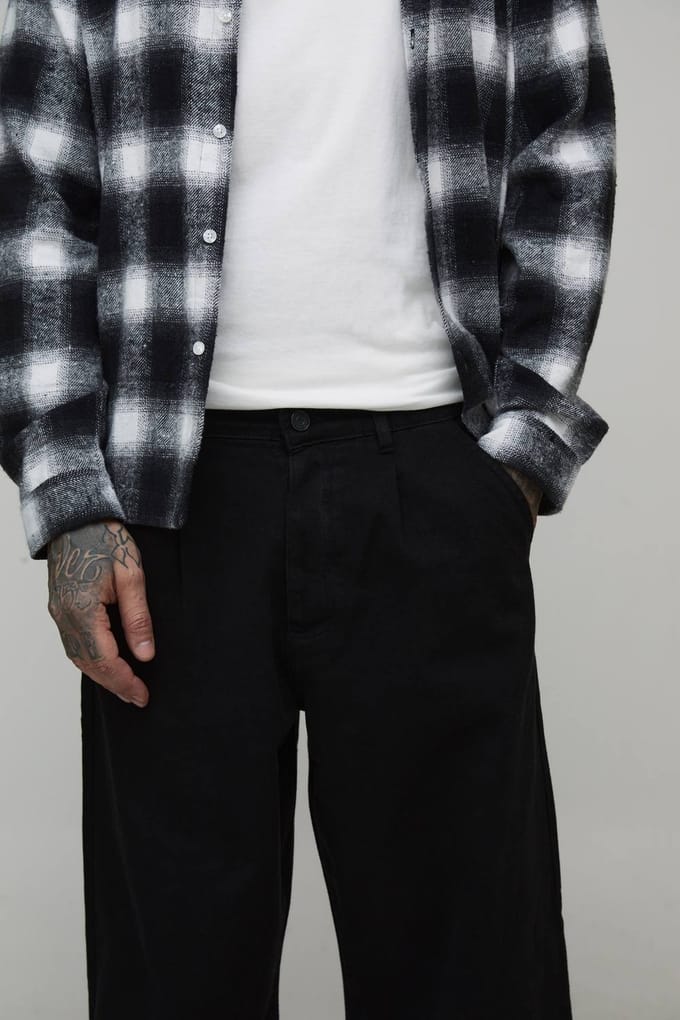 Tall Wide Fit Half & Half Waistband Washed Twill Trouser | Black | Size Medium