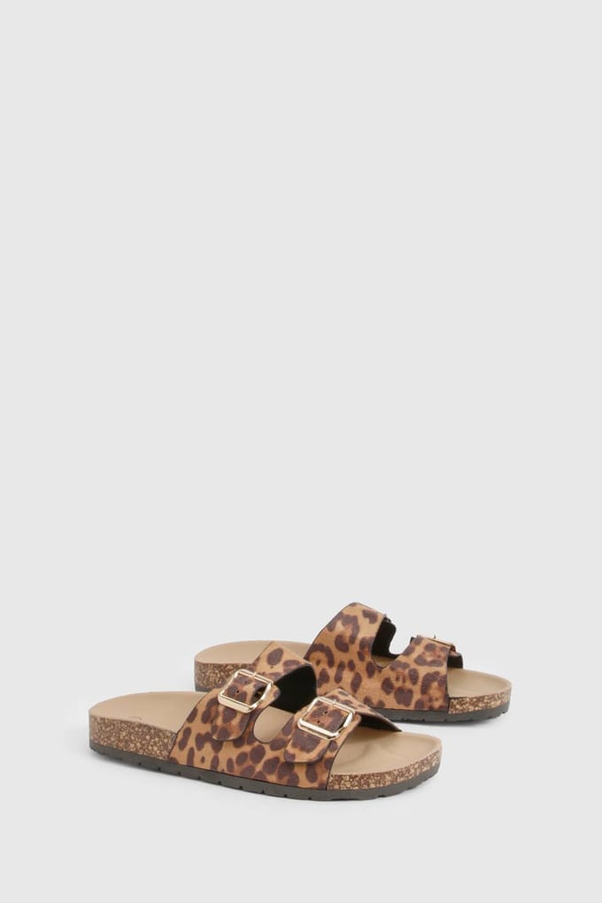 boohoo Dames Double Buckle Footbed Sliders | Luipaardprint | Maat: 36