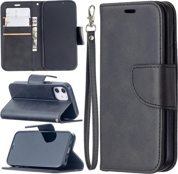 MobyDefend Hoesje - Geschikt voor Apple iPhone 12 Mini - Wallet Book Case Met Koord - Zwart