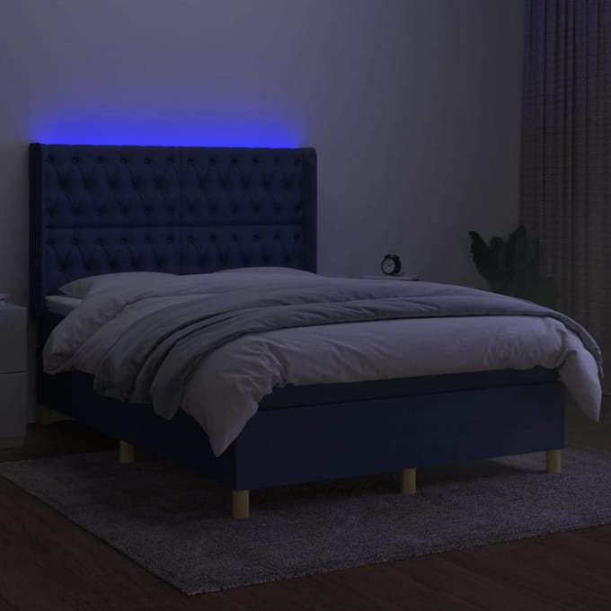 vidaXL - Boxspring - met - matras - en - LED - stof - blauw - 140x200 - cm