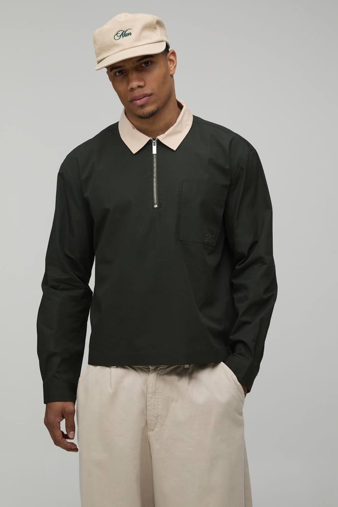 Oversized Boxy Quarter Zip Contrast Collar Poplin Shirt | Forest | Size Medium