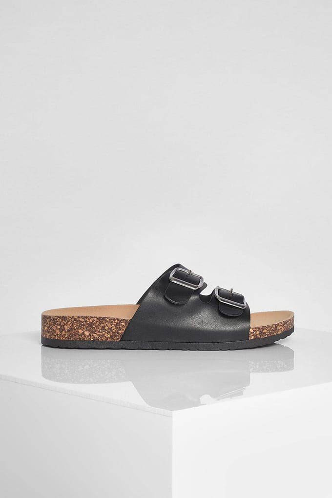 boohoo Dames Dubbele Gesp Footbed Slider | Black | Maat: 3
