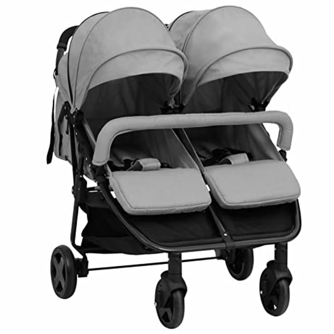 Dubbele kinderwagen, inklapbare buggy voor twee kinderen, lichtgrijs en zwart
