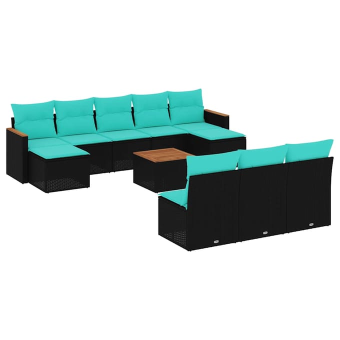 vidaXL - 11-delige - tuinbankset - met - kussens, - zwart - polyrotan