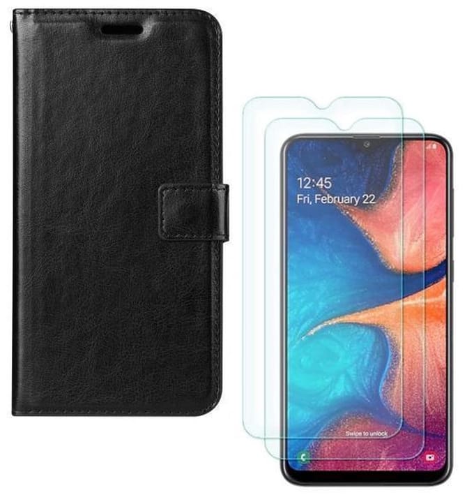 hoesje Geschikt voor: Samsung Galaxy A20E Portemonnee zwart met 2 stuks Glas Screen protector