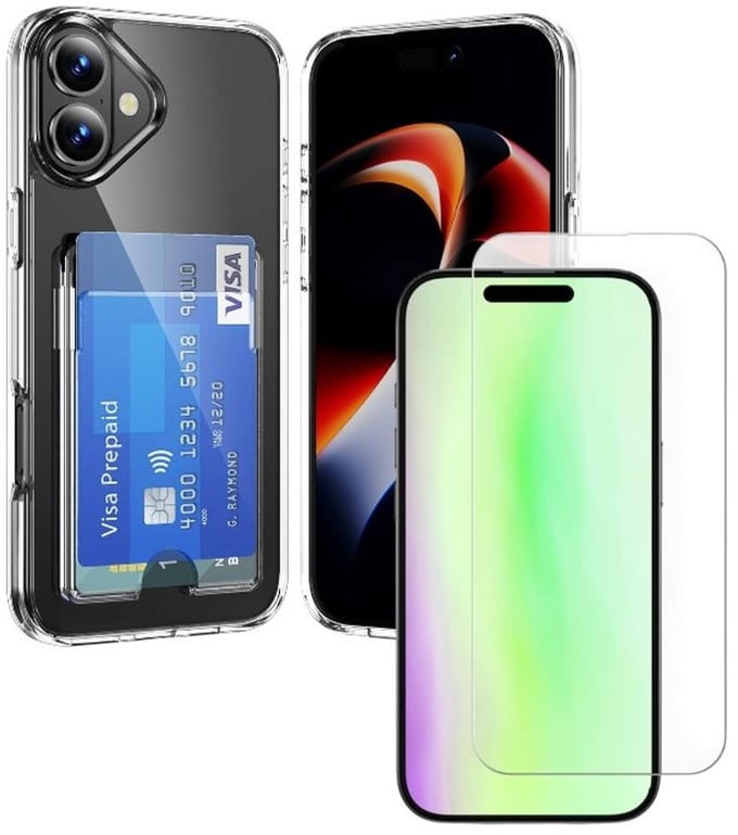Schokbestendig TPU Hoes Geschikt voor: iPhone 17 - Transparant - Hoesje met Achterkant Pasjeshouder + 2x Screenprotector