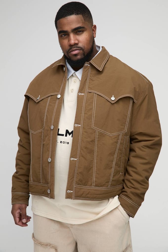 Plus Contrast Stitch Padded Boxy Western Jacket | Tobacco | Size 2XL