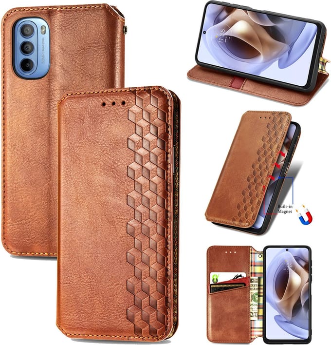 Luxe PU Lederen Ruitpatroon Wallet Case + Glas Screenprotector voor Moto G31 / G41 _ Bruin