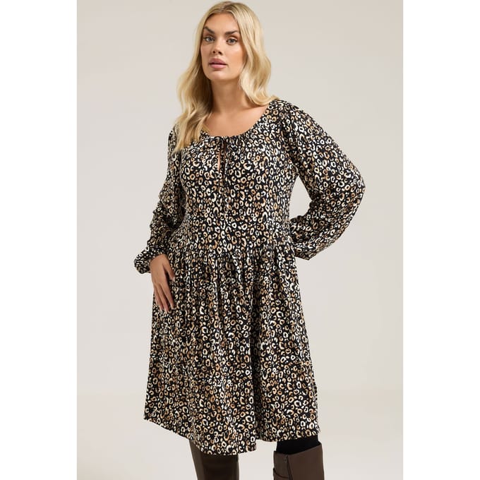 Yours Zwarte Jurk Met Luipaardprint En Strikhals Size 48