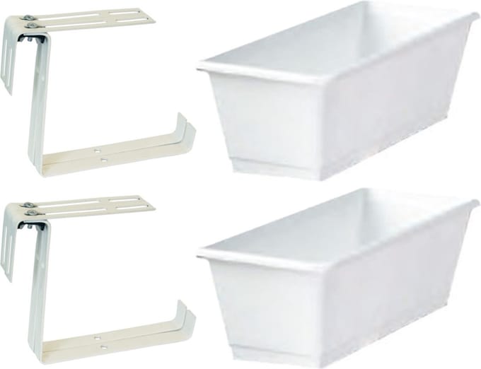 Set van 2 kunststof plantenbakken wit rechthoekig 60 cm met 4 verstelbare railing beugels