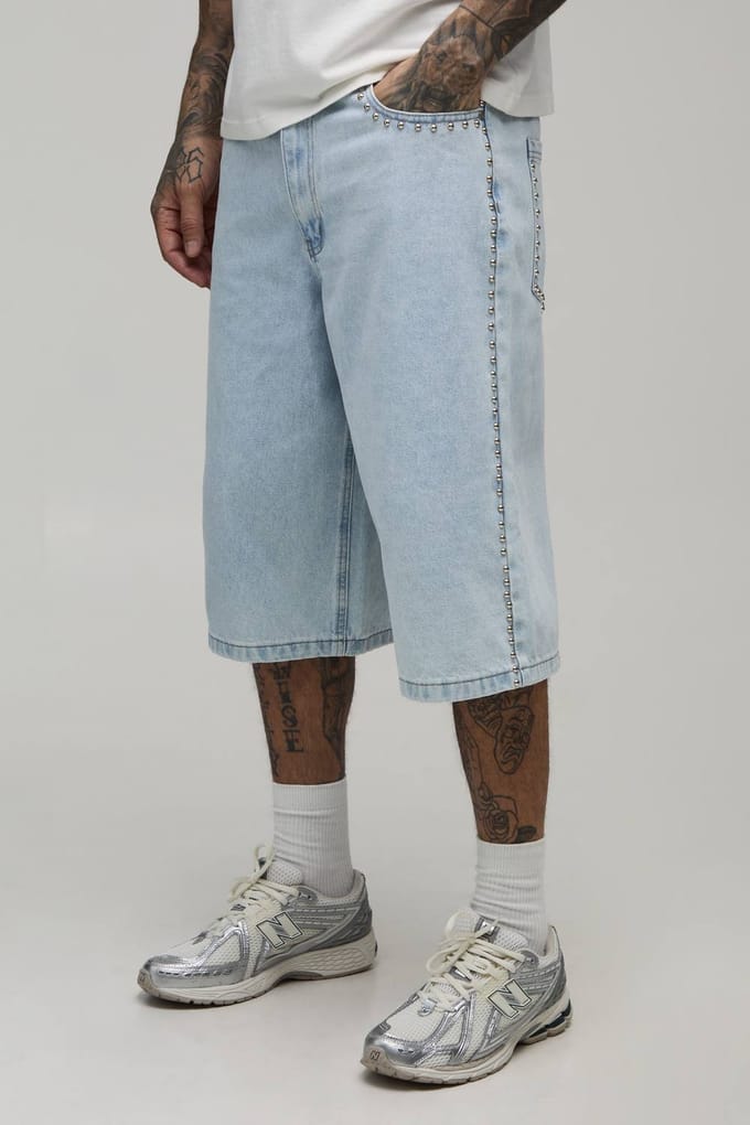 Lange Jeans Shorts Met Studs Voor Lange Mannen | Light Blue | Size 32
