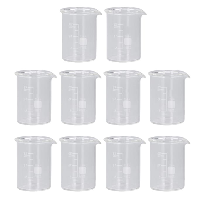 10-delige glazen bekerset voor experimenten, maatbekers met schaalverdeling, lesmateriaal, inhoud 25 ml white
