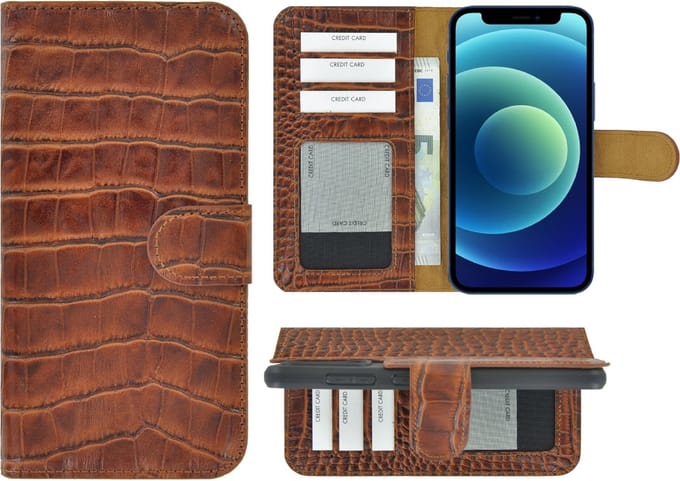 MoDo hoesje voor iPhone 14 Plus - Leer Book Case - Croco kaneelbruin