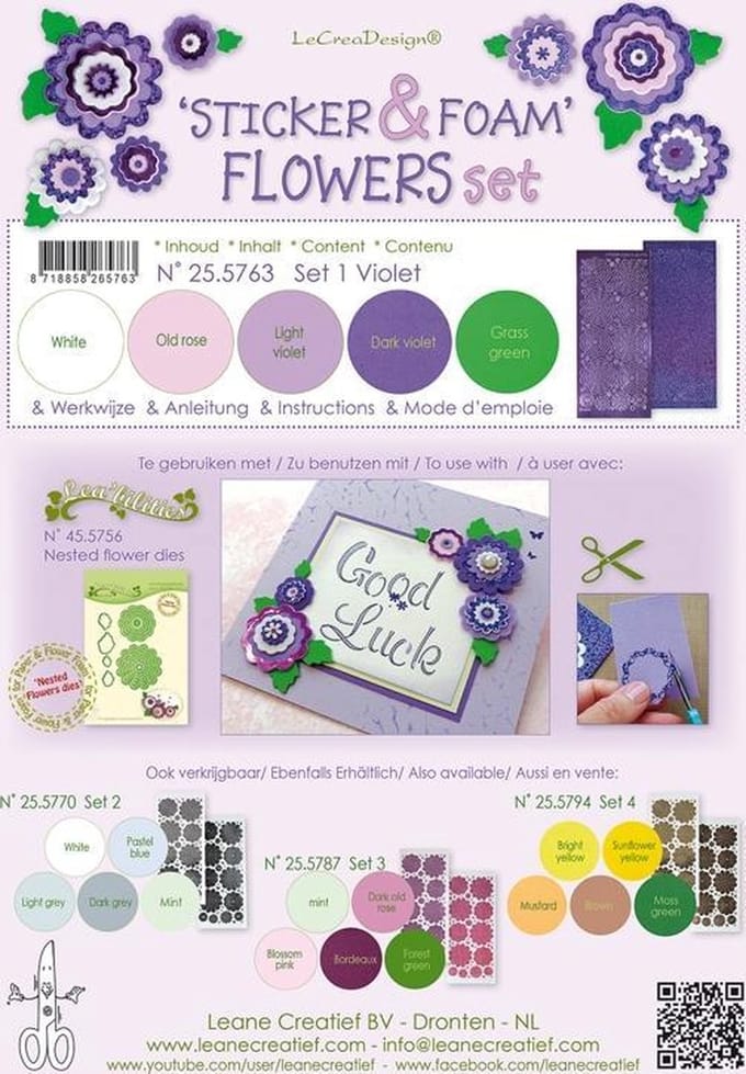 Sticker &  Foam Bloemen Set 1, 5 vellen A4 0.8mm. Paars  & 2flower stickers