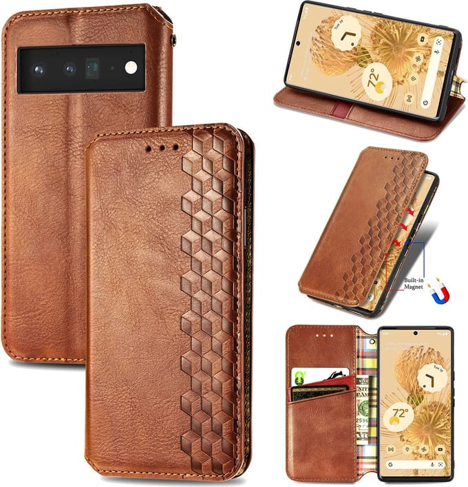 Luxe PU Lederen Ruitpatroon Wallet Case + Glas Screenprotector voor Google Pixel 6 Pro _ Bruin