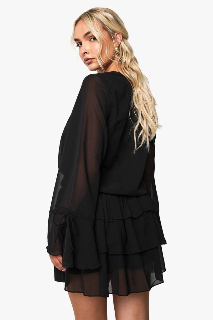 boohoo Dames Chiffon langarm mini-jurk | Black | Maat: 8