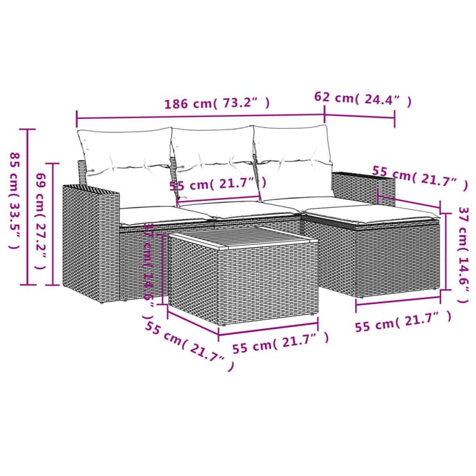 vidaXL - 5-delige - Loungeset - met - kussens - poly - rattan - beige