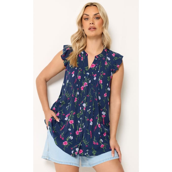 Yours Marineblauwe Mouwloze Top Met Bloemenprint En Plooitjes Size 42
