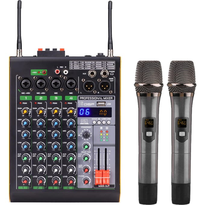Professionele 4-kanaals BT-audiomixer met 2 draadloze microfoons LED digitale mengconsole US Plug zwart