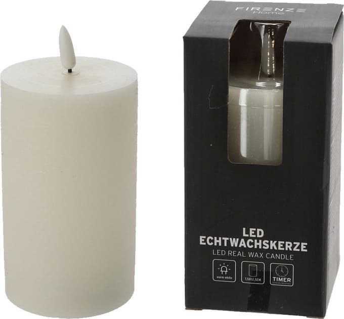 Firenze Home LED kaars - creme wit - D7,5 x H12,5 cm - met timer - stompkaarsen - sfeerkaarsen