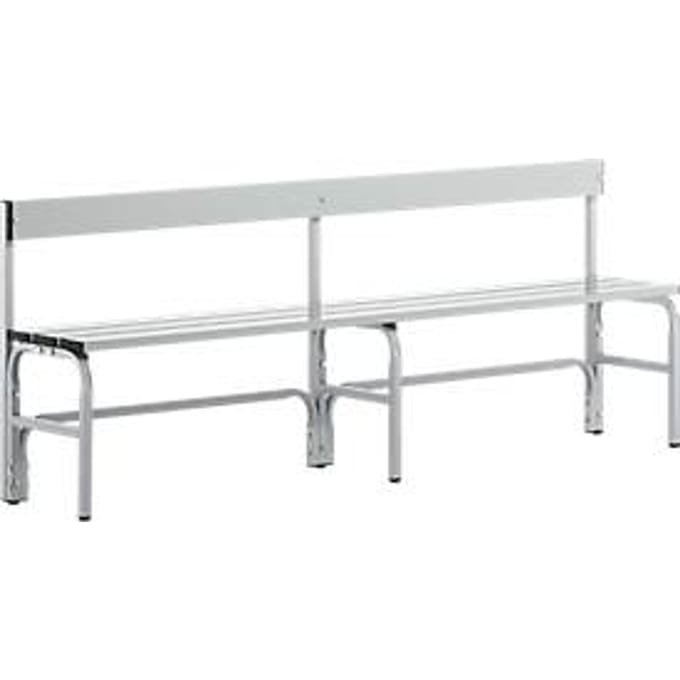 Kleedkamerbank, rvs buis/aluminium, enkel met rugleuning, L 2000 mm, blank aluminium