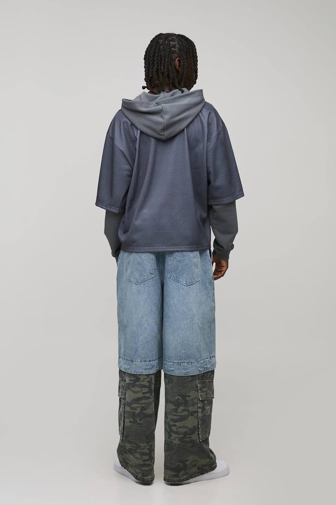 Oversized Boxy Varsity Applique Faux Layer Mesh Sports Top Hoodie | Charcoal | Size Medium