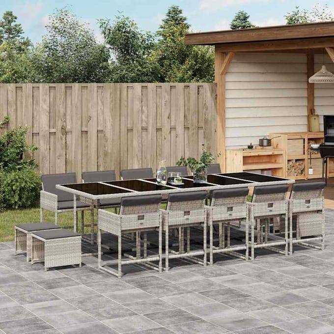 vidaXL - 15-delige - Tuinset - met - kussens - poly - rattan - lichtgrijs
