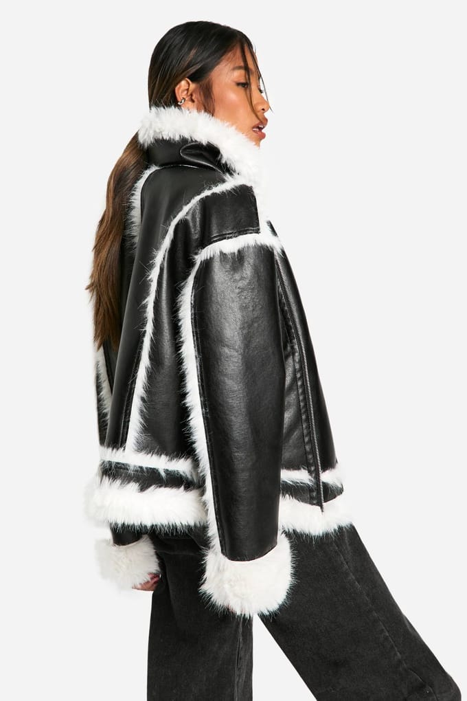 boohoo Dames Faux Fur Trim Oversized Aviator Jacket | Black | Maat: 8