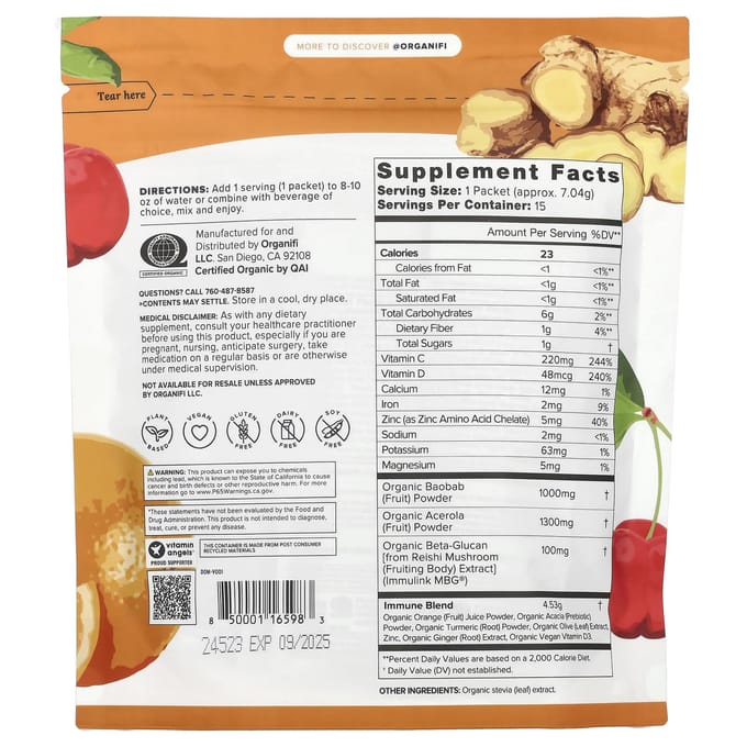 Organifi, Immunité Originale, pack voyage de 15, 3,72 oz (105.6 g)
