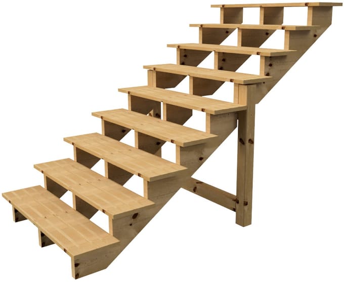 Buitentrap H156cm - 9 treden hout D29cm, B120cm ZONDER optrede