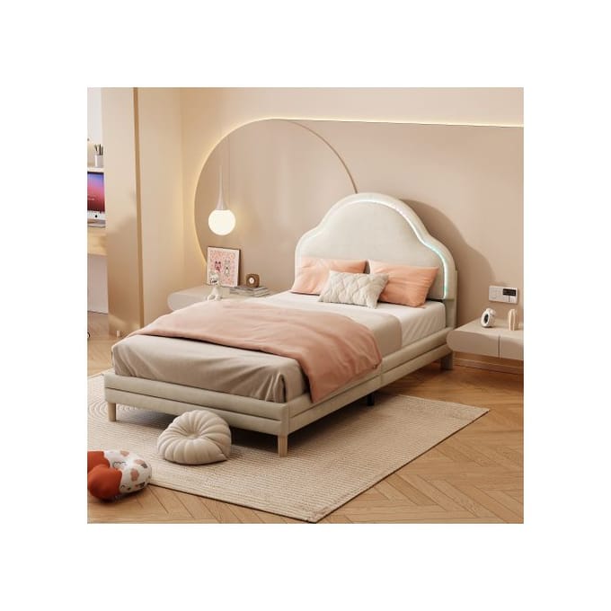 Enkel bed - MUVOE - 90x200 cm - Wolkenhoofdeinde - Beige fluweel - Meerkleurige lichtstrips beige