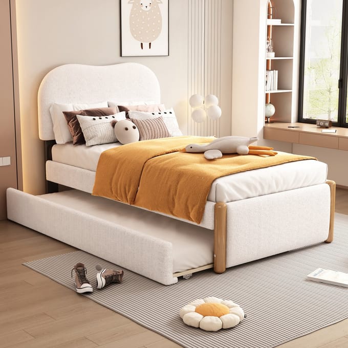 Plat bed van 90x200 cm - gestoffeerd met praktisch uitschuifbaar opklapbed - minimalistisch design - wit