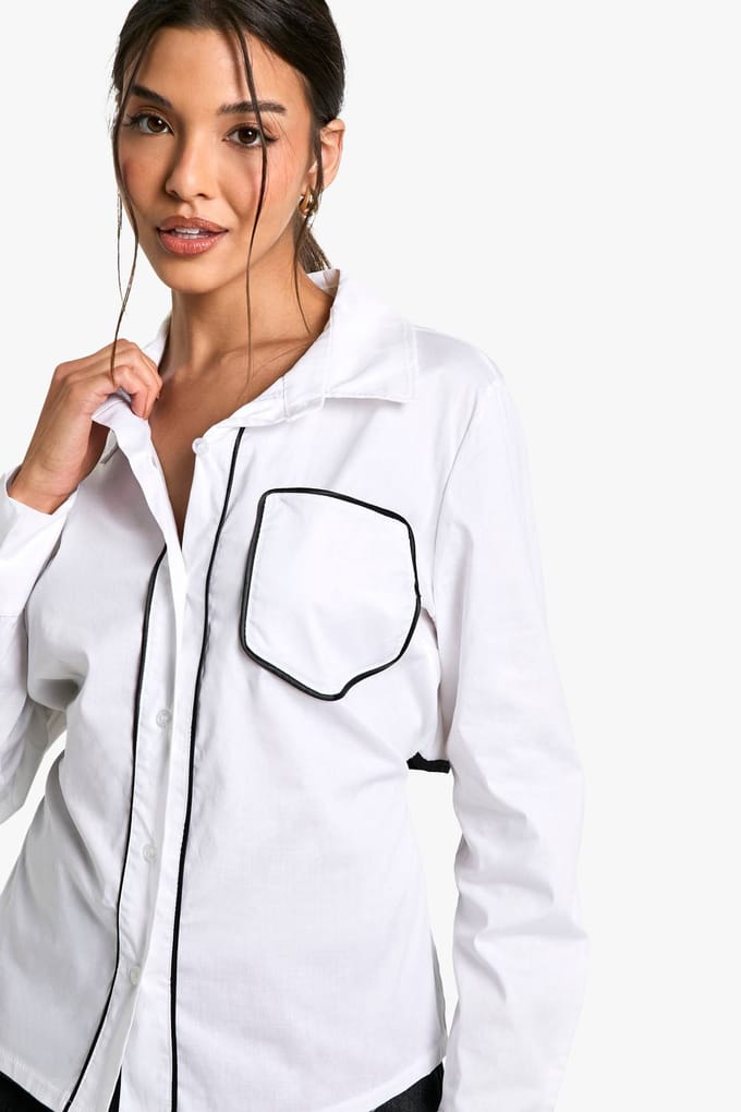 boohoo Dames Contrast Paspel Strikshirt | Wit | Maat: 36