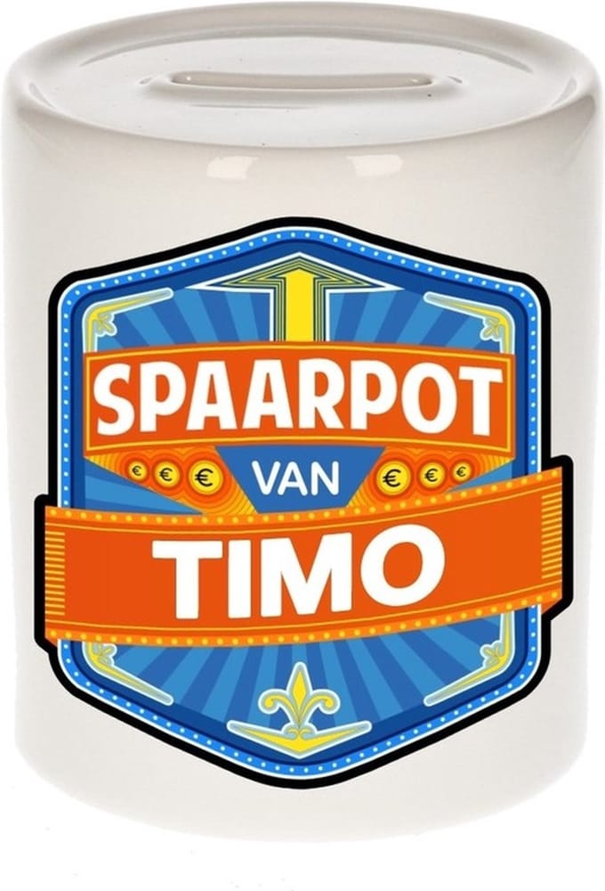Bellatio Decorations Kinder spaarpot met naam - Timo - keramiek - met dop - wit - Sparen - Spaargeld van Timo