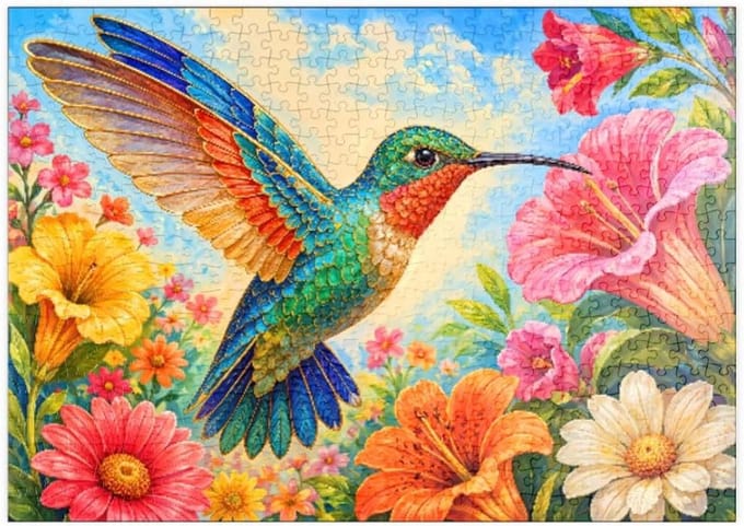 Legpuzzel Kolibrie Bloementuin - Puzzel 500 Stukjes - Ontspanning Thuis - Hoge Resolutie Print - 48 x 34 cm - Multicolor