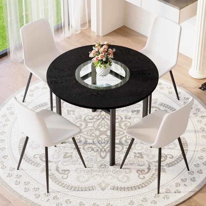MODFU - Eettafelset - Rond - Met 4 Stoelen - Modern - Voor Eetkamer - MDF Metaal En Kunstleer - Zwart En Wit - 100 Cm