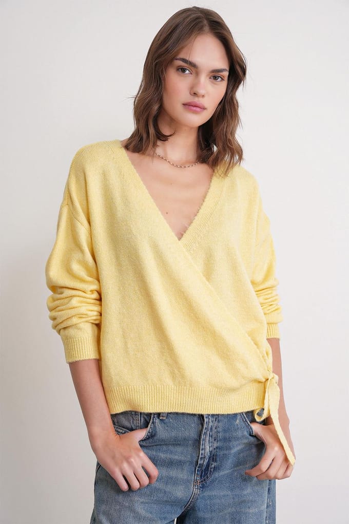 Geribde V-hals Strik-Voorkant Cardigan