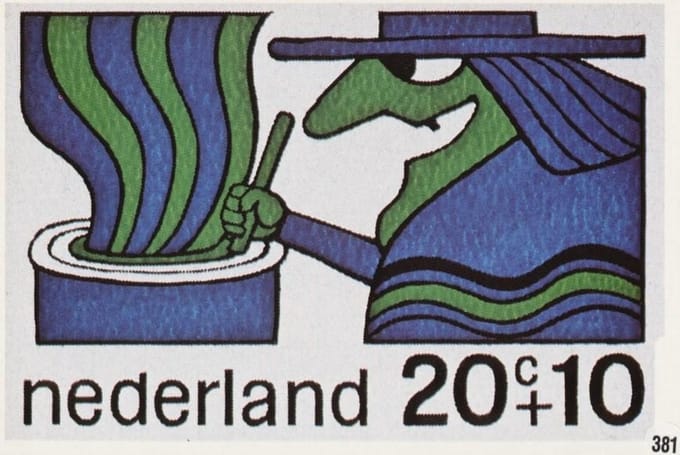 Briefkaart met afbeelding Heks postzegel