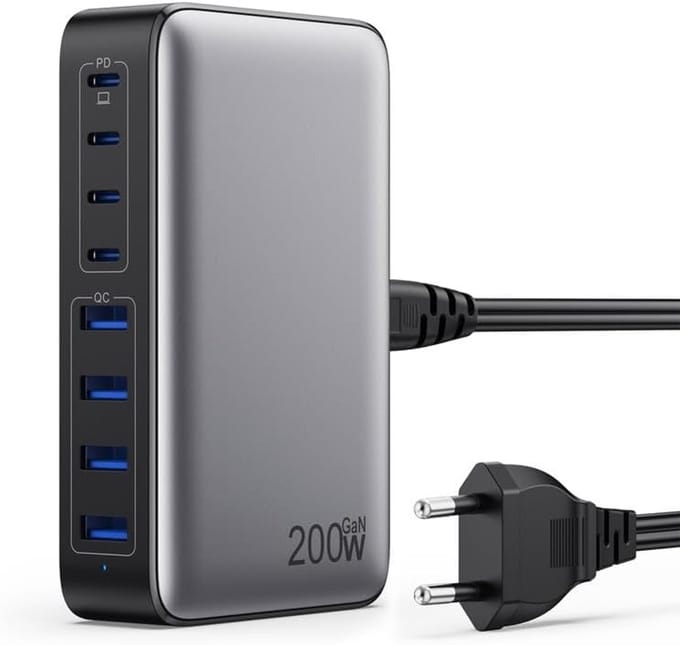 Zwarte 200W GaN III USB-C Snellader (EU) – 8-Poort PD/QC/PPS Multi-Oplader, Geschikt voor MacBook Pro/Air, iPhone, iPad Pro, Galaxy, SteamDeck