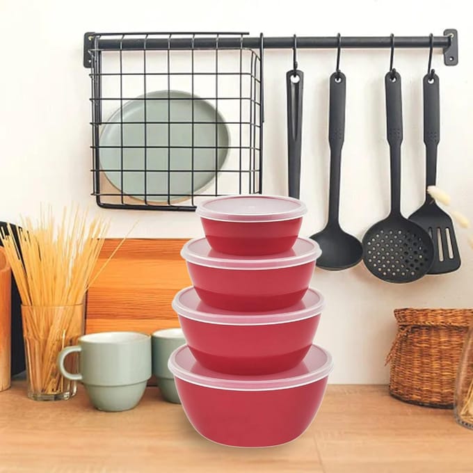 Ronde 4-delige plastic kom Outdoor Draagbare Voedselcontainer Kom Groente Mengkom One Size rood