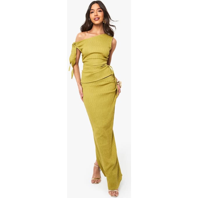 boohoo Dames Getextureerde geplooide maxi-rok | Olive | Maat: 8