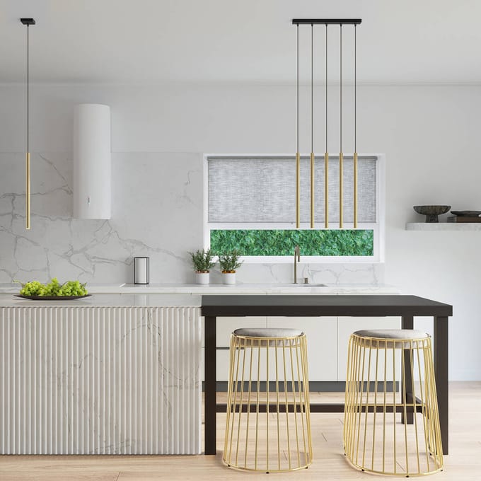 Hanglamp PASTELO 5L met 5 slanke buizen in lijn - Sollux Lighting - IP20 - Glanzend goud staal behuizing - 45 x 5 x 90 cm - 5 x G9 LED, exclusief lichtbron - 5 x 8 W - Moderne hanglamp voor woonkamer, slaapkamer en eetkamer